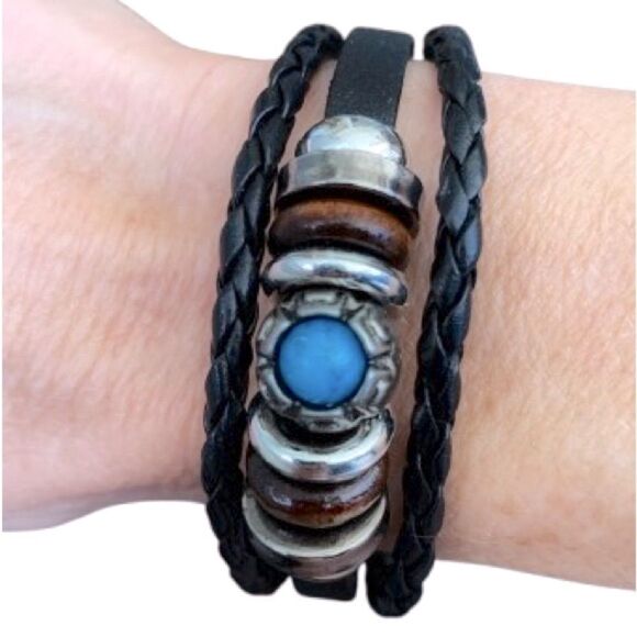 Ibiza Black Vegan Leather Multi-Strand Cuff Bracelet with Faux Turquoise - Picture 1 of 11
